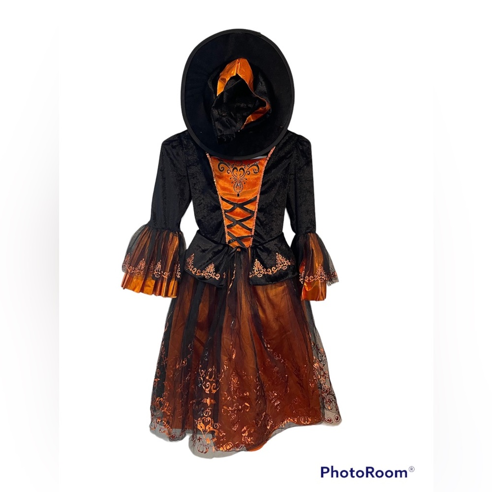 Target Girl’s size medium orange and black witch costume with hat